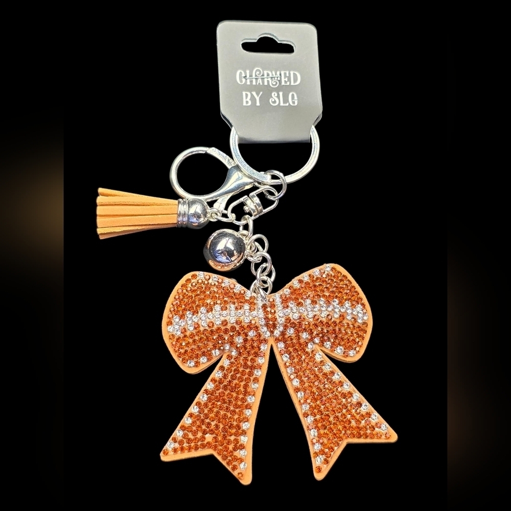 Brown Football Rhinestone Bow Bag Charm / Keychain